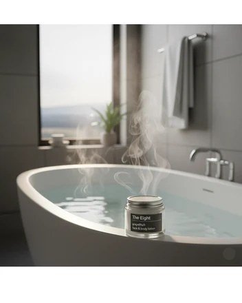 Grapefruit face and body lotion beside a steaming bath